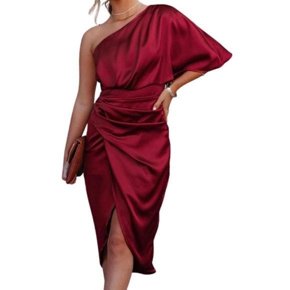 Cupshe Dresses & Skirts - CUPSHE Women's Satin Dress Backless One Shoulder Short Sleeves Midi Sz Small
